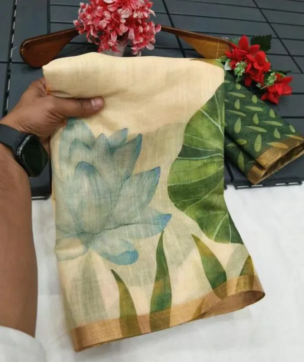 Cream_And_Green_Pure_Jamdhani_Cotton_Saree_Matching_Blouse_Piece_For_Women