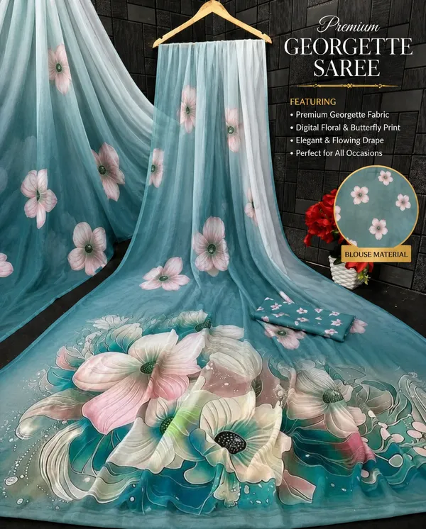 Aqua_Blue_Pure_Georgette_Saree_Matching_Blouse_Piece_For_Women