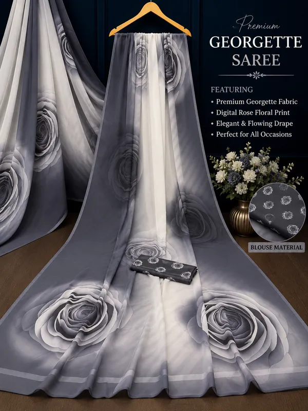White_And_Grey_Pure_Georgette_Saree_Matching_Blouse_Piece_For_Women