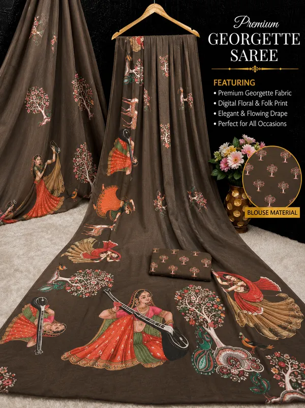 Brown_Moss_Silk_Crepe_Saree_Matching_Blouse_Piece_For_Women