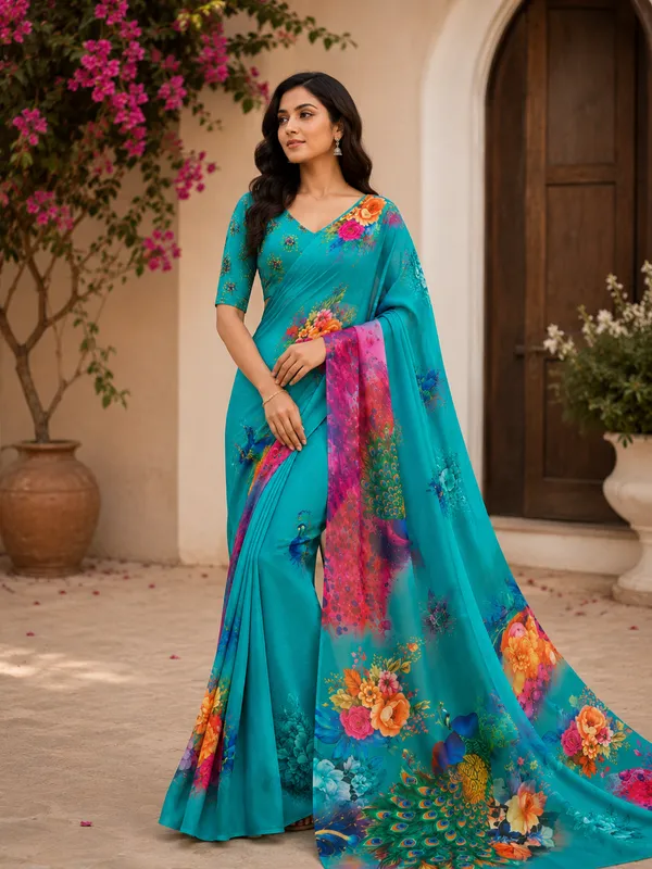 Turquoise_Pure_Georgette_Saree_Matching_Blouse_Piece_For_Women