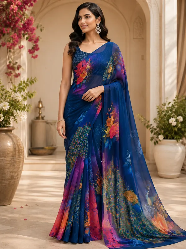 Blue_Pure_Georgette_Saree_Matching_Blouse_Piece_For_Women