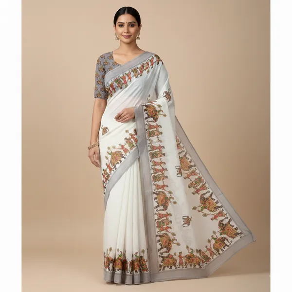 White_And_Grey_Pure_Jamdhani_Cotton_Saree_Matching_Blouse_Piece_For_Women