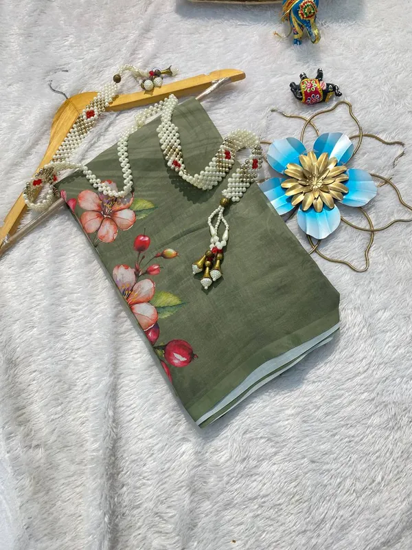 Olive_Green_Pure_Georgette_Saree_Matching_Blouse_Piece_For_Women