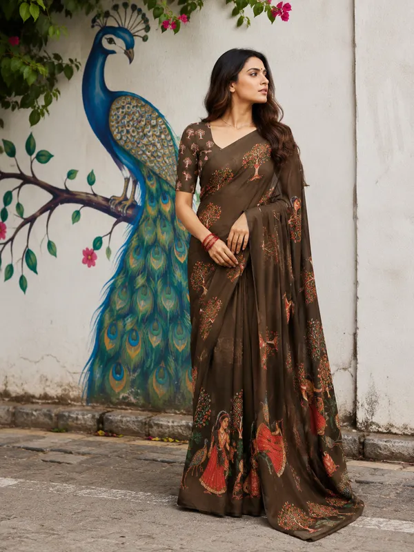 Brown_Moss_Silk_Crepe_Saree_Matching_Blouse_Piece_For_Women
