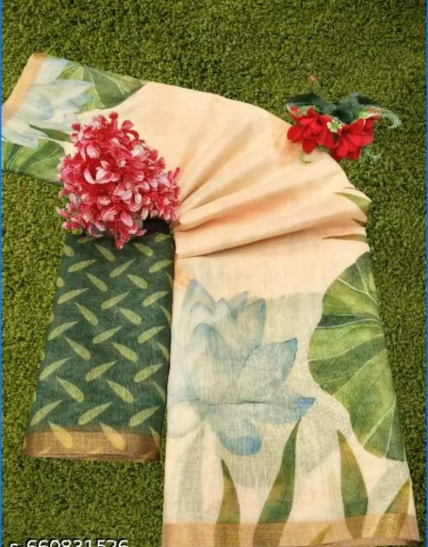 Cream_And_Green_Pure_Jamdhani_Cotton_Saree_Matching_Blouse_Piece_For_Women