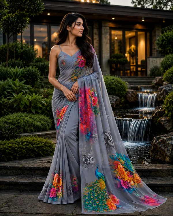 Grey_Pure_Georgette_Saree_Matching_Blouse_Piece_For_Women