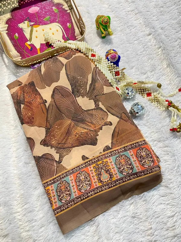Brown_And_Beige_Pure_Georgette_Saree_Matching_Blouse_Piece_For_Women