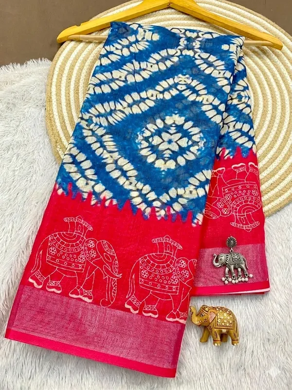 Blue_And_White_Pure_Jamdhani_Cotton_Saree_Matching_Blouse_Piece_For_Women
