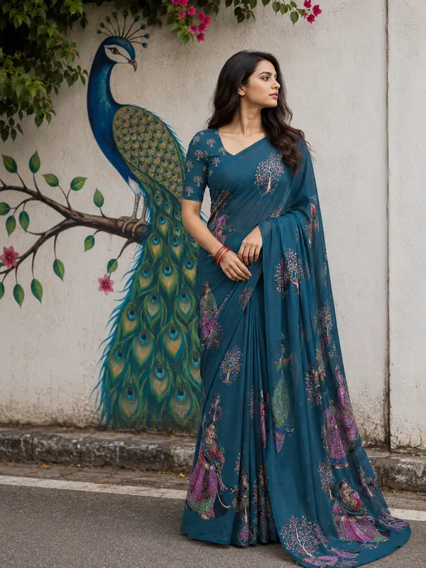 Teal_Moss_Silk_Crepe_Saree_Matching_Blouse_Piece_For_Women