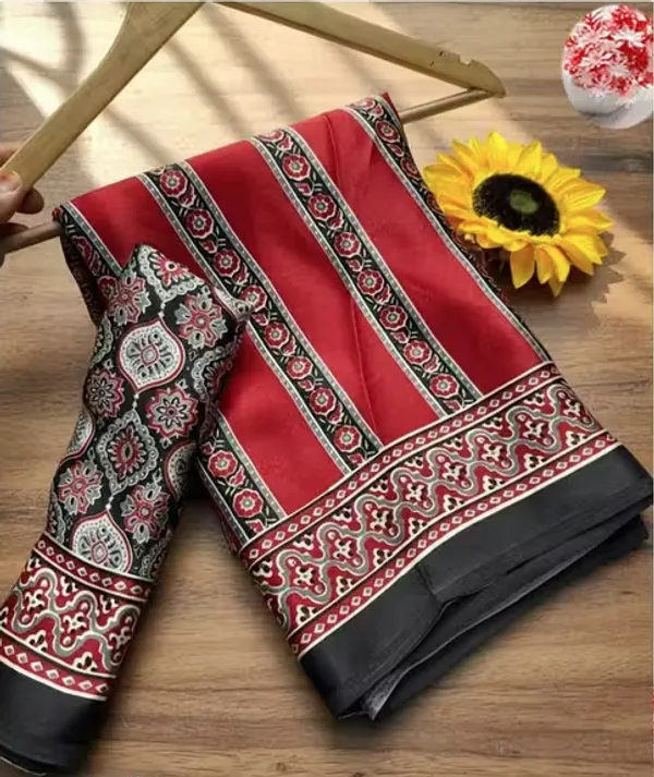 Red_And_Black_Moss_Silk_Crepe_Saree_Matching_Blouse_Piece_For_Women