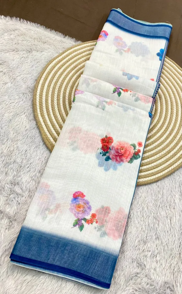 White_And_Blue_Pure_Jamdhani_Cotton_Saree_Matching_Blouse_Piece_For_Women
