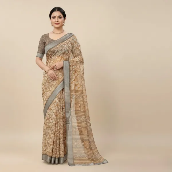 Beige_And_Grey_Pure_Jamdhani_Cotton_Saree_Matching_Blouse_Piece_For_Women