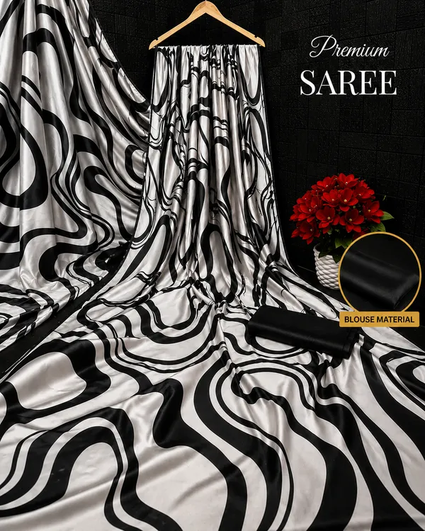 Black_And_White_Moss_Silk_Crepe_Saree_Matching_Blouse_Piece_For_Women
