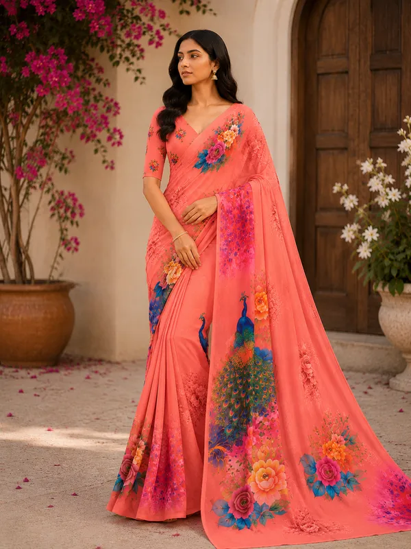 Light_Orange_Pure_Georgette_Saree_Matching_Blouse_Piece_For_Women