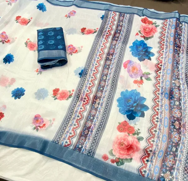 White_And_Blue_Pure_Jamdhani_Cotton_Saree_Matching_Blouse_Piece_For_Women