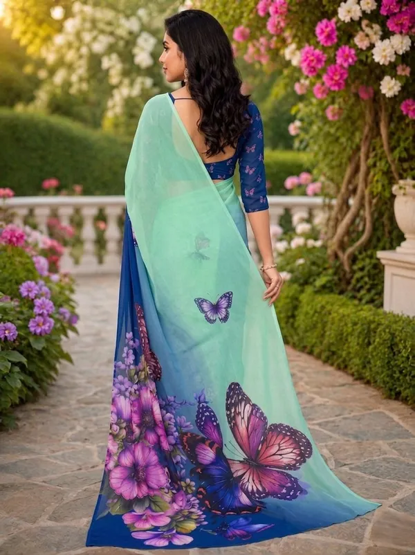 Sea_Green_Pure_Georgette_Saree_Matching_Blouse_Piece_For_Women