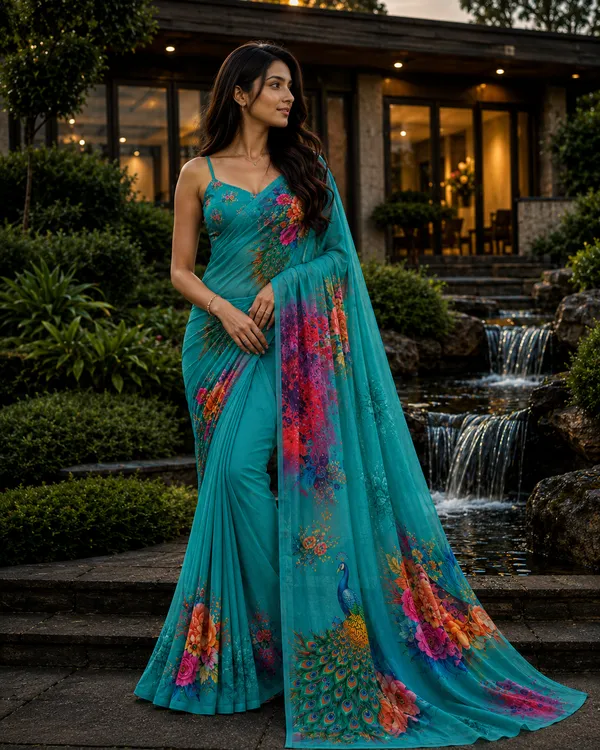 Turquoise_Pure_Georgette_Saree_Matching_Blouse_Piece_For_Women