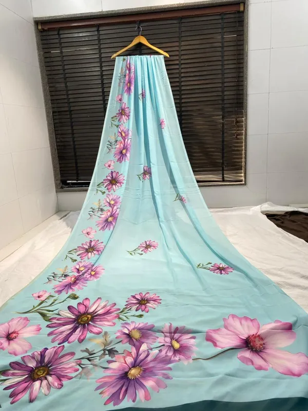 Sky_Blue_Pure_Georgette_Saree_Matching_Blouse_Piece_For_Women