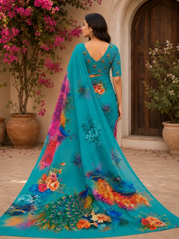 Turquoise_Pure_Georgette_Saree_Matching_Blouse_Piece_For_Women