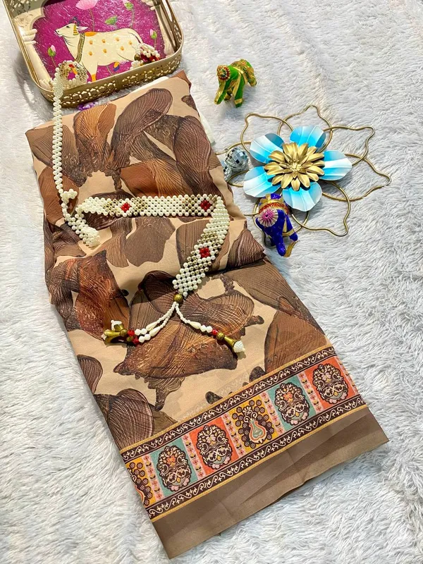 Brown_And_Beige_Pure_Georgette_Saree_Matching_Blouse_Piece_For_Women