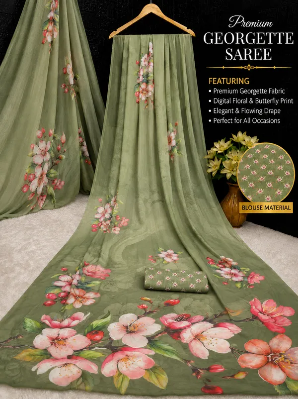 Olive_Green_Pure_Georgette_Saree_Matching_Blouse_Piece_For_Women