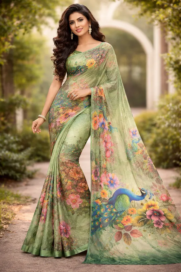 Green_Pure_Georgette_Saree_Matching_Blouse_Piece_For_Women