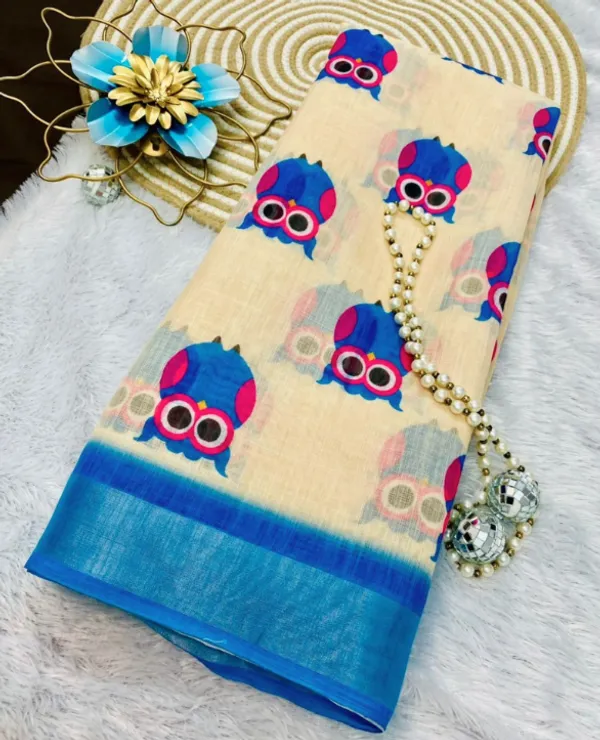 Cream_And_Blue_Pure_Jamdhani_Cotton_Saree_Matching_Blouse_Piece_For_Women