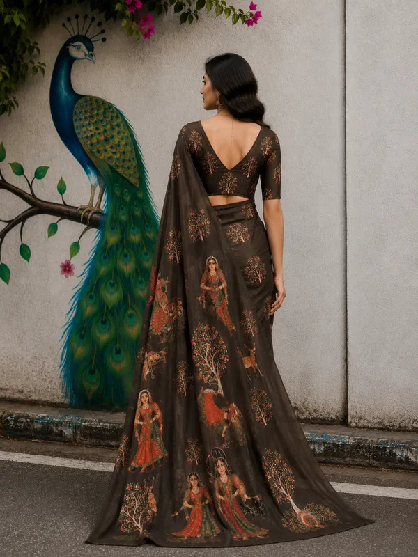 Brown_Moss_Silk_Crepe_Saree_Matching_Blouse_Piece_For_Women