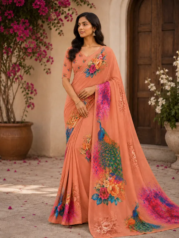 Peach_Pure_Georgette_Saree_Matching_Blouse_Piece_For_Women