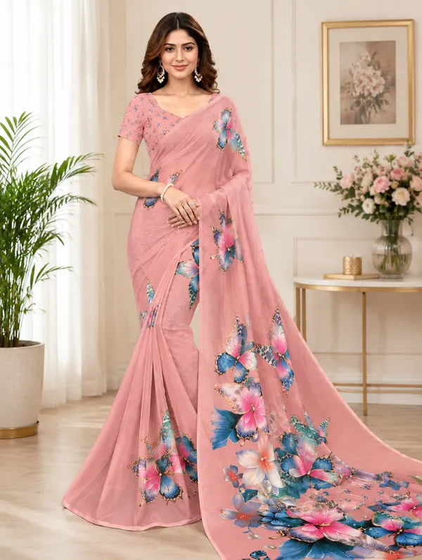 Peach_Pure_Georgette_Saree_Matching_Blouse_Piece_For_Women