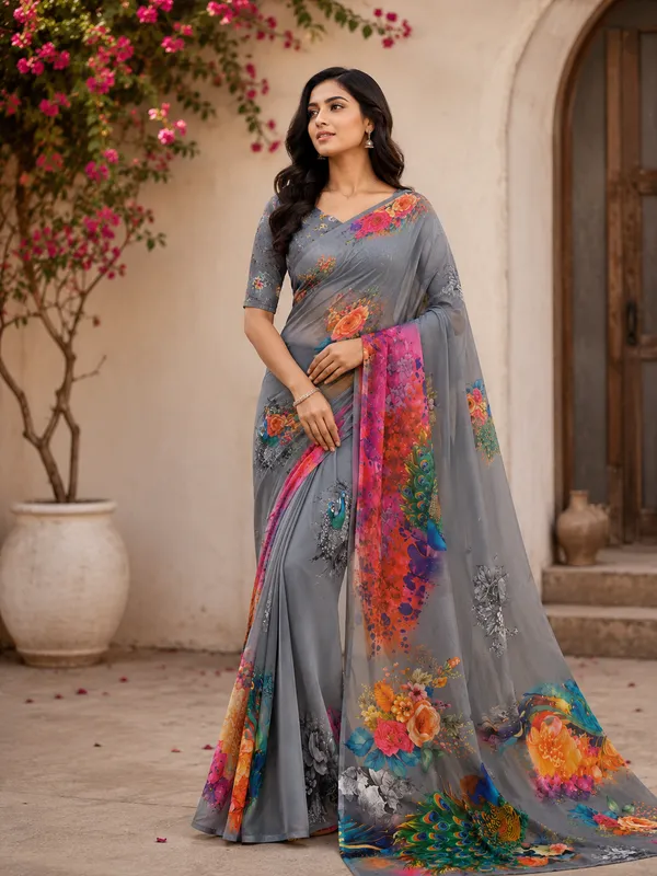 Grey_Pure_Georgette_Saree_Matching_Blouse_Piece_For_Women