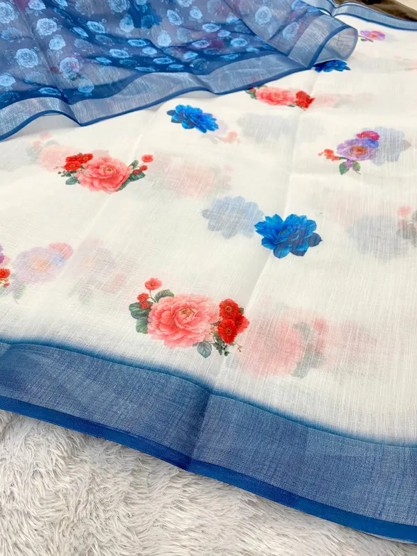 White_And_Blue_Pure_Jamdhani_Cotton_Saree_Matching_Blouse_Piece_For_Women