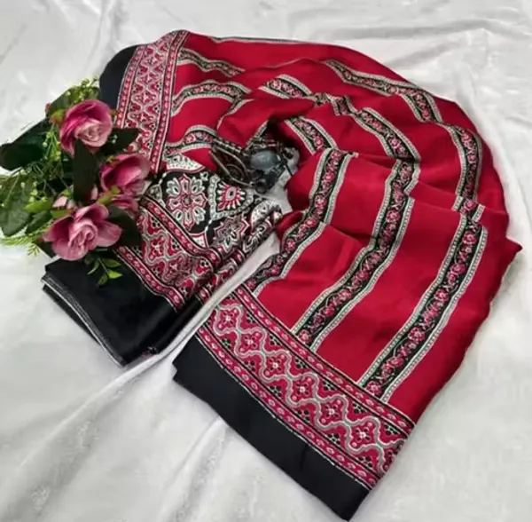 Red_And_Black_Moss_Silk_Crepe_Saree_Matching_Blouse_Piece_For_Women
