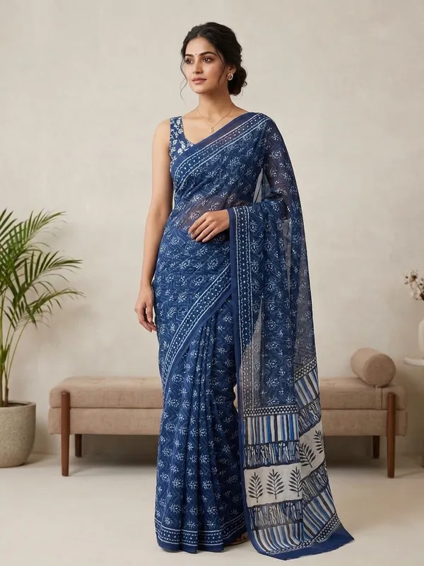 Blue_Pure_Georgette_Saree_Matching_Blouse_Piece_For_Women