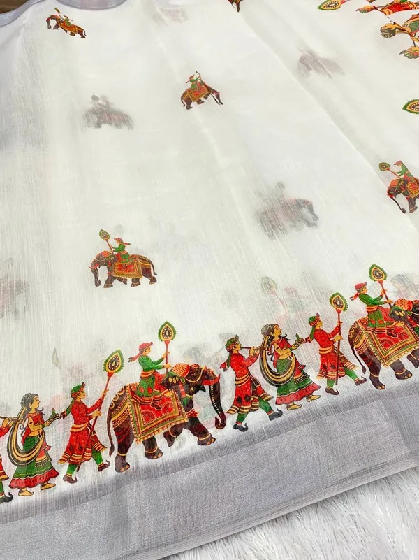 White_And_Grey_Pure_Jamdhani_Cotton_Saree_Matching_Blouse_Piece_For_Women