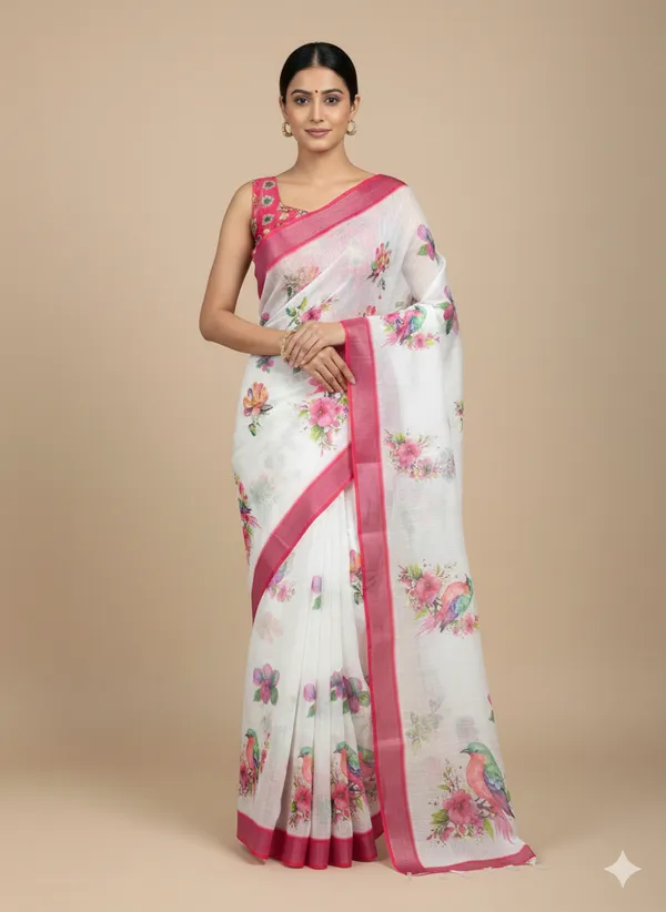 White_And_Pink_Pure_Jamdhani_Cotton_Saree_Matching_Blouse_Piece_For_Women