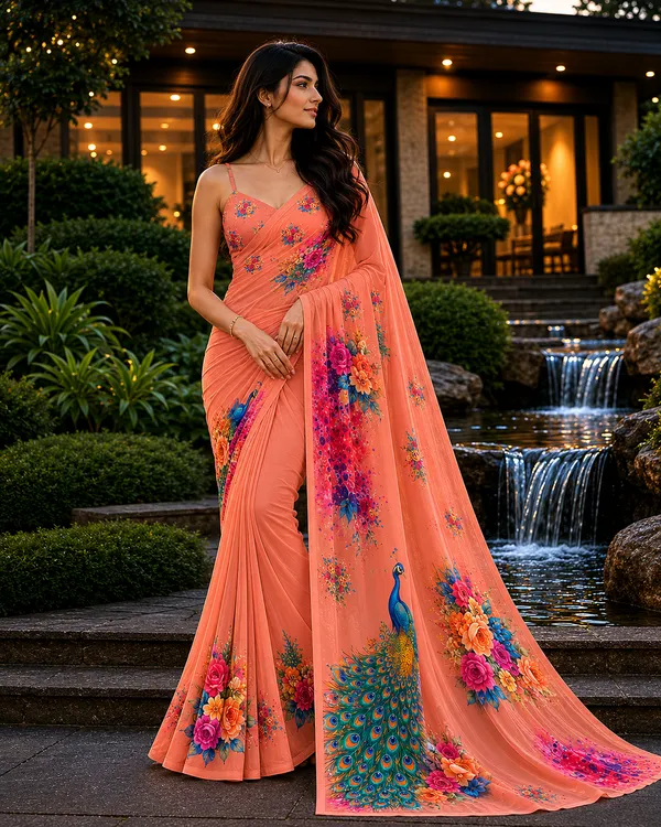 Peach_Pure_Georgette_Saree_Matching_Blouse_Piece_For_Women