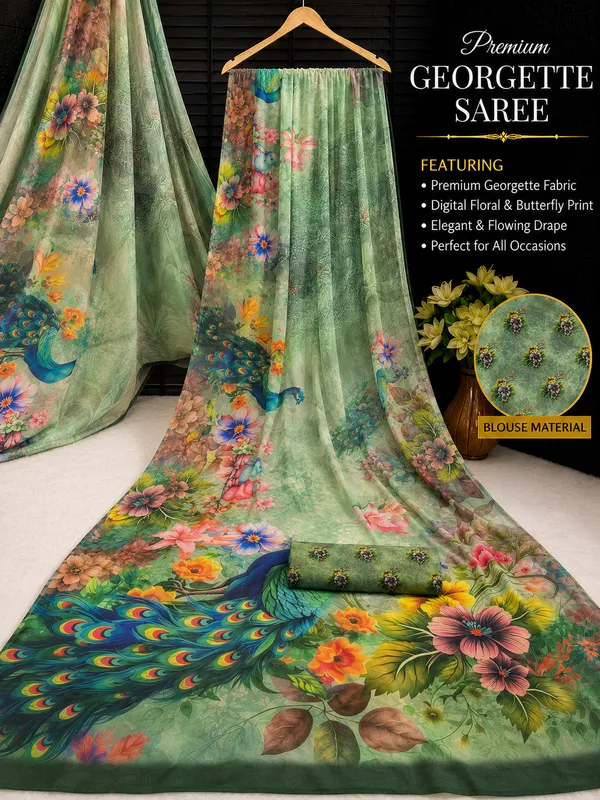 Green_Pure_Georgette_Saree_Matching_Blouse_Piece_For_Women
