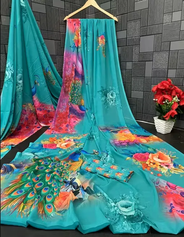 Turquoise_Pure_Georgette_Saree_Matching_Blouse_Piece_For_Women