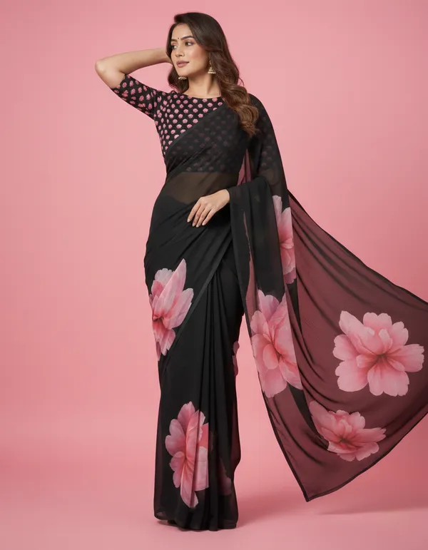 Black_And_Pink_Pure_Georgette_Saree_Matching_Blouse_Piece_For_Women