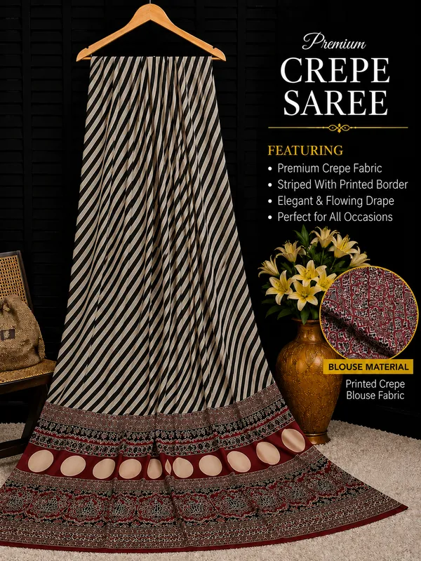 Black_And_Beige_Moss_Silk_Crepe_Saree_Matching_Blouse_Piece_For_Women