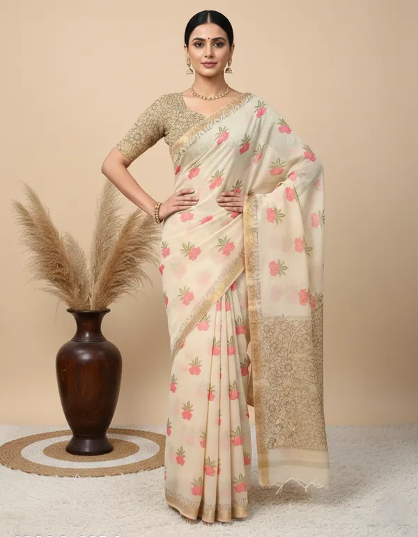 Cream_Pure_Jamdhani_Cotton_Saree_Matching_Blouse_Piece_For_Women
