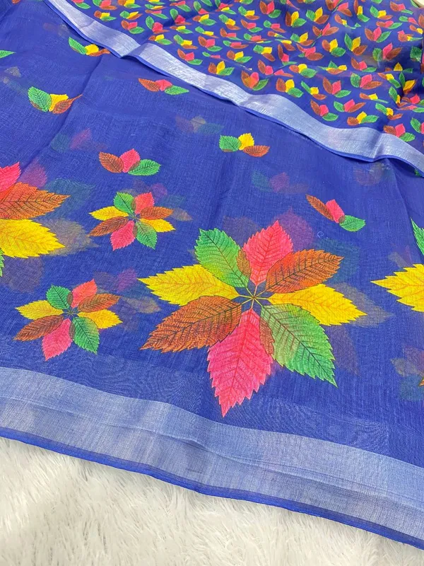 Blue_Pure_Jamdhani_Cotton_Saree_Matching_Blouse_Piece_For_Women