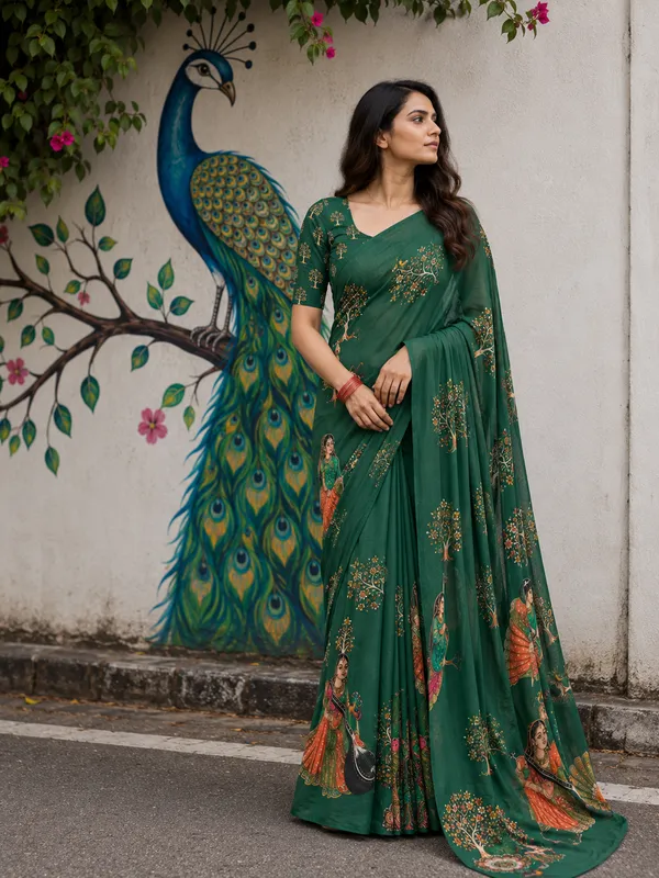 Green_Moss_Silk_Crepe_Saree_Matching_Blouse_Piece_For_Women