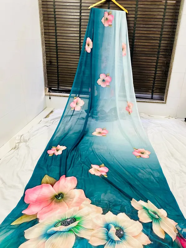 Aqua_Blue_Pure_Georgette_Saree_Matching_Blouse_Piece_For_Women