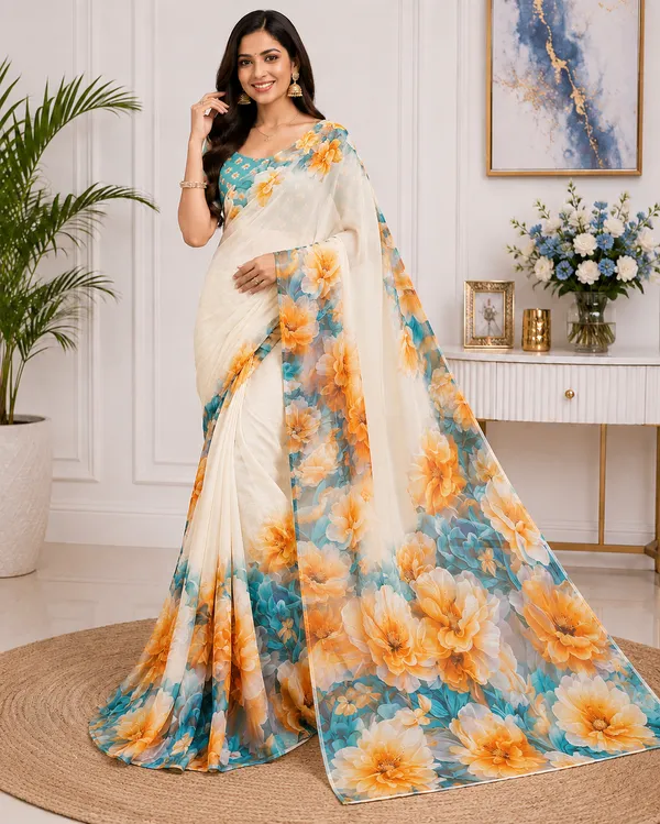 Cream_Pure_Georgette_Saree_Matching_Blouse_Piece_For_Women