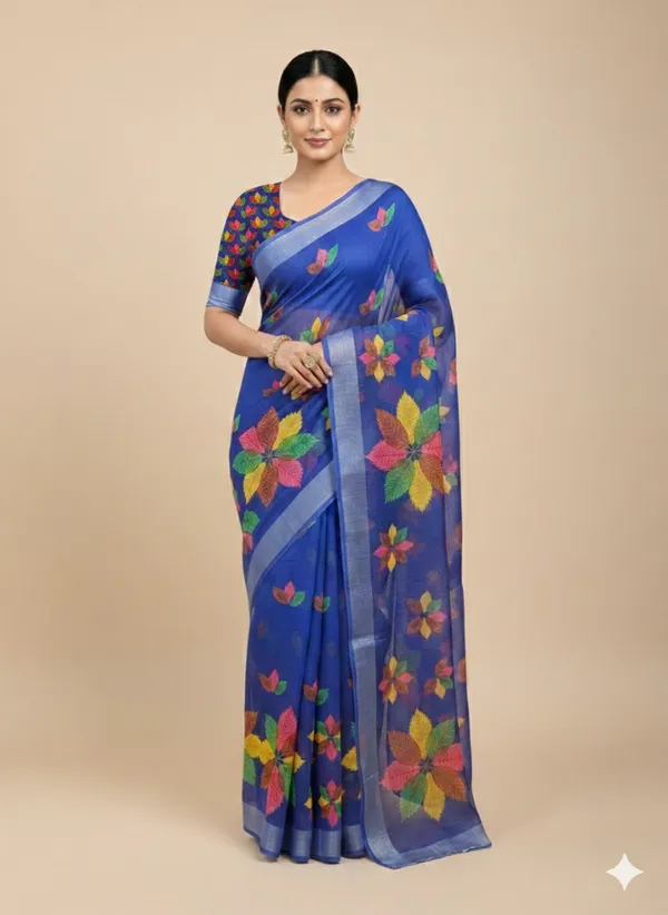 Blue_Pure_Jamdhani_Cotton_Saree_Matching_Blouse_Piece_For_Women