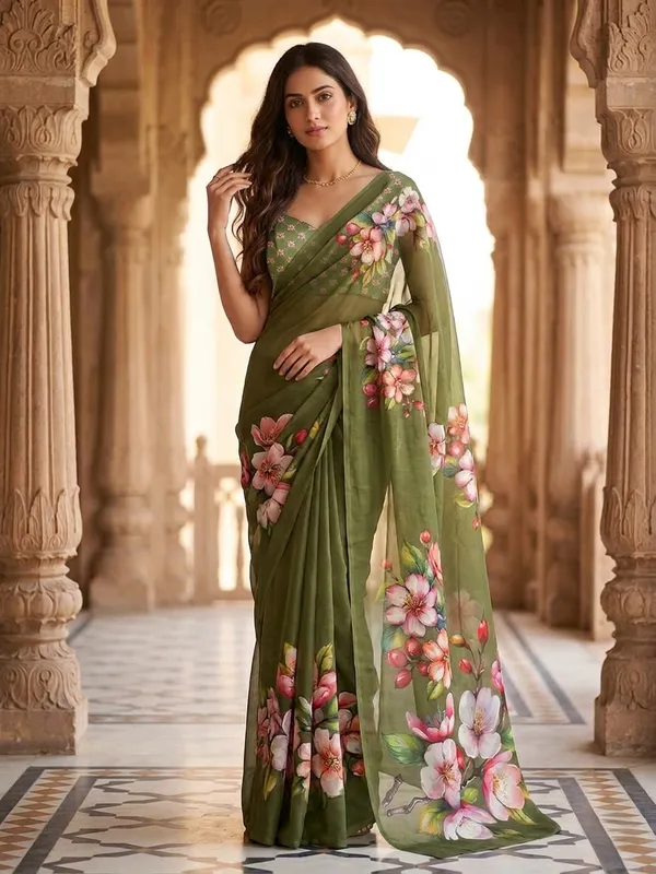 Olive_Green_Pure_Georgette_Saree_Matching_Blouse_Piece_For_Women