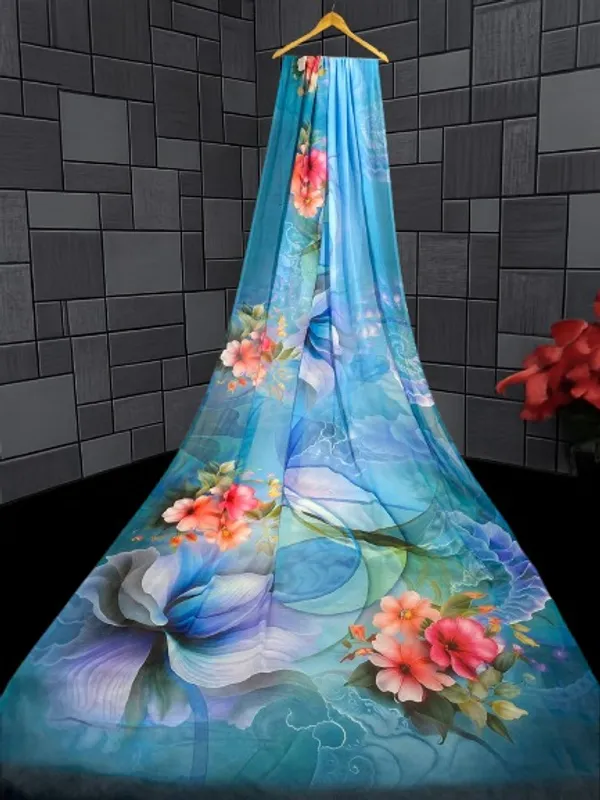 Sky_Blue_Pure_Georgette_Saree_Matching_Blouse_Piece_For_Women